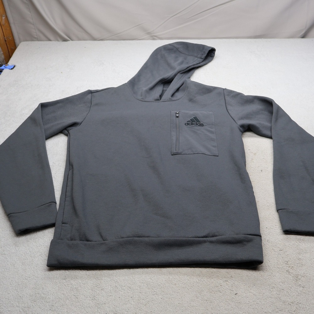 Adidas Hoodie Mens Small Grey Fleece Pullover Zip Pocket Athletic Sweatshirt